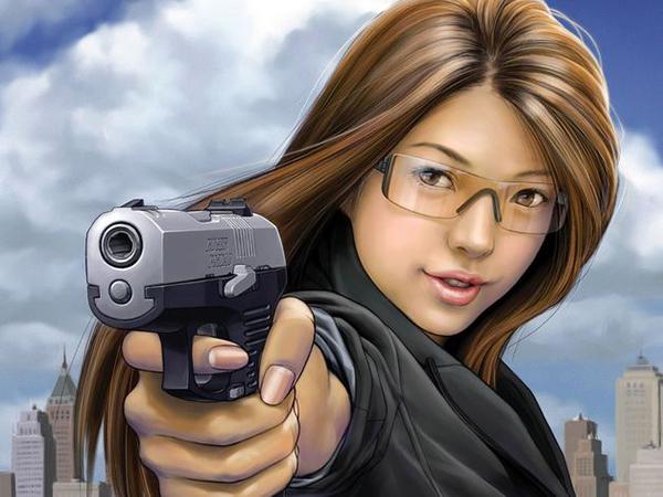 нарисованная азиатка с пистолетом в руке