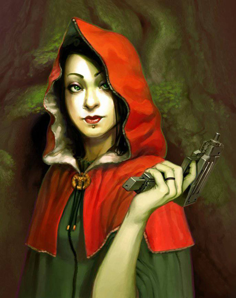 нарисованная девушка в красном капюшоне и с пистолетом
