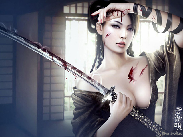 Раненная девушка японка держит в руке меч самурая